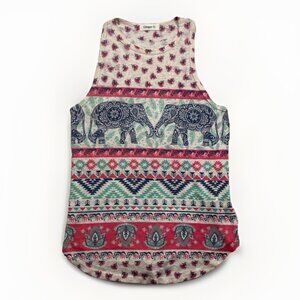 Ginger G Top Wom Sz M Blue Multicolor Elephant Boho Mandala Aztec AOP USA Made